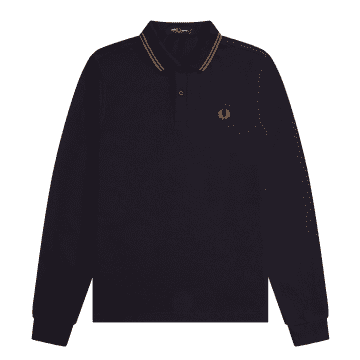 Fred Perry Authentic Long Sleeved Twin Tipped Polo Navy & Dark Caramel In Blue