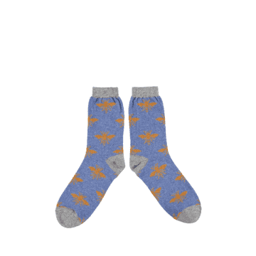 Catherine Tough Lambswool Ankle Socks In Denim Bee's In Blue