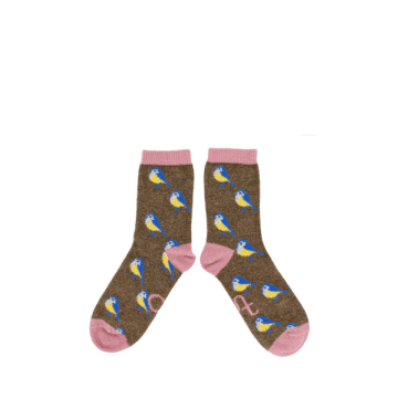 Catherine Tough Lambwool Ankle Socks In Soft Brown Blue Tit