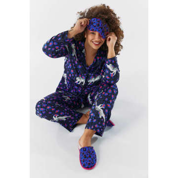 Scamp & Dude : Blue With Black And Pink Shadow Leopard Eye Mask And Slipper Set