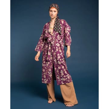 Les Touristes Long Cotton Dressing Gown, Blossom Fig In Plum