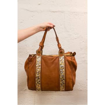 Campomaggi Leather Shopping Bag With Stud Straps In Cognac In Brown