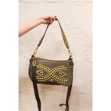 Campomaggi Leather Shoulder Bag With Studded Front In Military In Green