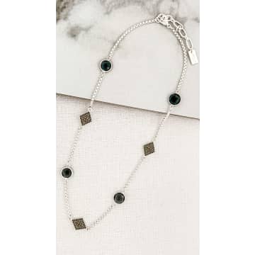 Envy Jewellery Silver Necklace With Black Gems & Diamante Diamonds In Metallic