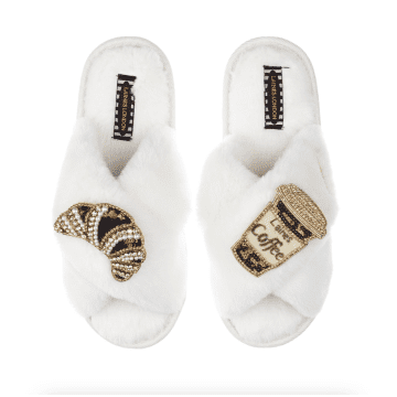 Laines London Classic Slipper With Coffee & Croissant Brooches In White