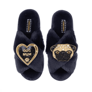 Laines London Classic Slipper With Pug & Dog Mum Brooches In Blue
