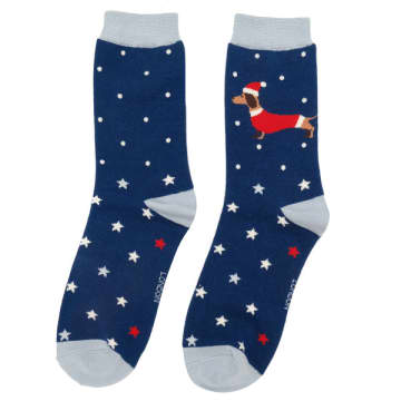 Miss Sparrow Festive Sausage Dogs Socks In Blue