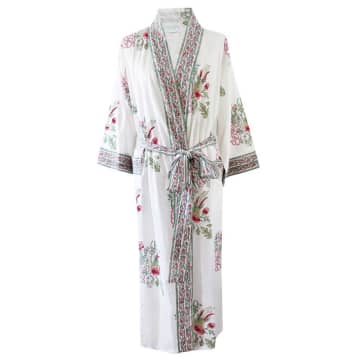 Powell Craft Block Printed Floral Bird Cotton Dressing Gown In Neutral