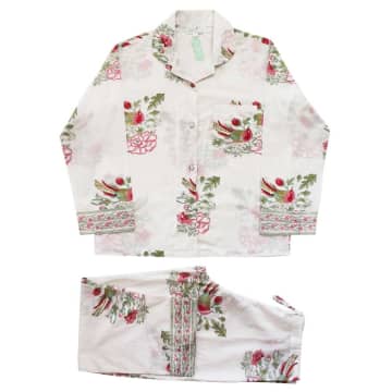 Powell Craft Block Printed Floral Bird Cotton Pyjamas In Neutral