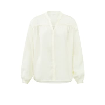 Shop Yaya Supple Blouse With V-neck, Long Sleeves And Pleated Details | Ivory White