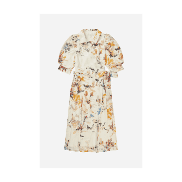 Shop Munthe Jisalanka Puff Sleeve Floral Print Wrap Dress Col: Cream Multi, In Neutrals