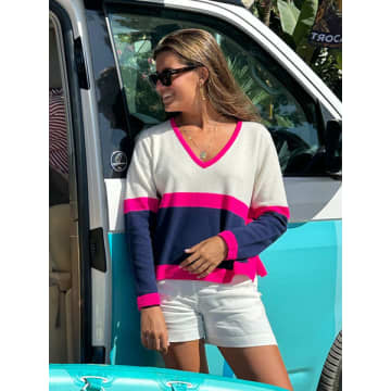 Shop Vilagallo Knitwear Sweater Colour Block Ecru,navy & Pink In Blue
