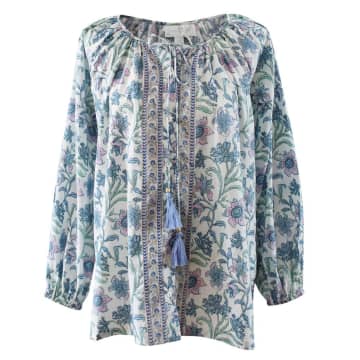 Powell Craft Block Printed Lilac Floral Cotton Blouse 'cassidy' In Blue