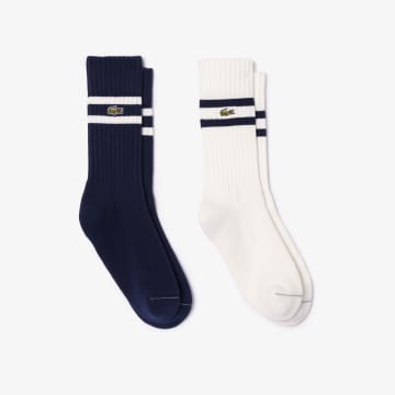 Shop Lacoste Navy Blue / White Unisex Cluster Socks Of Contrast Stripes