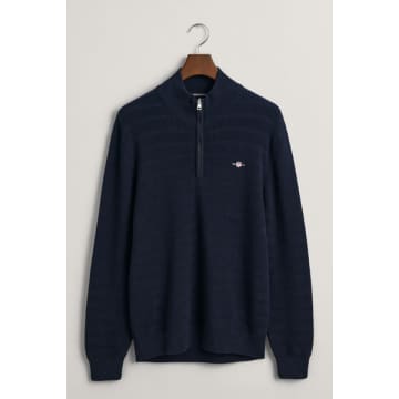Shop Gant - Striped Textured Cotton Half-zip Sweater In Evening Blue 8030199 433