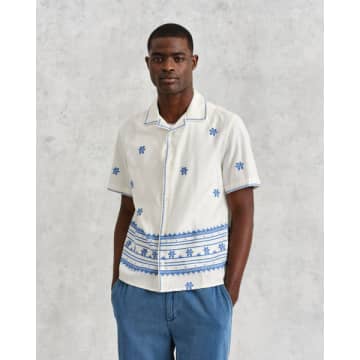 Shop Wax London Didcot Short Sleeve Shirt Ecru/blue Daisy Embroidery