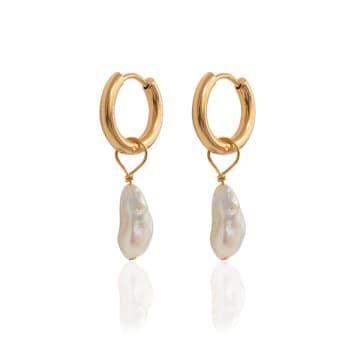 Shop A Weathered Penny Pearl Hoop Earrings In Gold