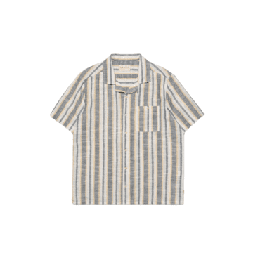 Shop Far Afield Selleck S/s Shirt In Slub Stripe Navy Iris/honey From In Blue