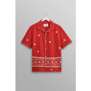 Shop Wax London Didcot Shirt Red And Ecru Daisy Embroidery