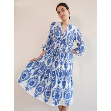 Shop Nimo With Love Catmint Dress White Ornament Embroidery In Blue