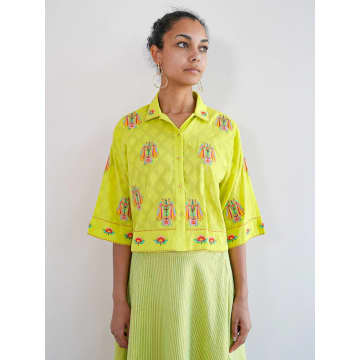 Shop Nimo With Love Thyme Blouse Parrot Embroidery On Lime Jacquard In Green