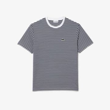 Shop Lacoste Navy And White Cotton Heavy Striped T Shirt In Blue
