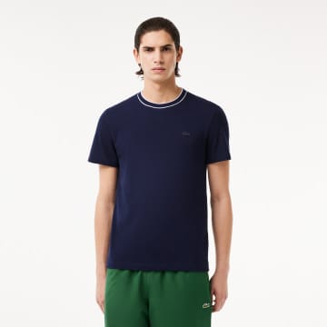 Shop Lacoste Navy Stretch Pique Striped Collar T Shirt In Blue