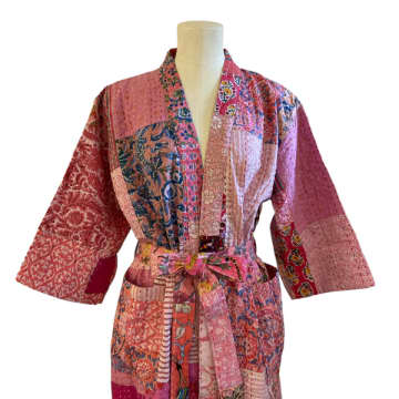 Shop Behotribe  &  Nekewlam Robe Cotton Kantha Patchwork Pink In Black