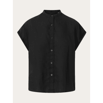 Knowledge Cotton Apparel 2090005 Collar Stand Short Sleeve Linen Shirt Black Jet