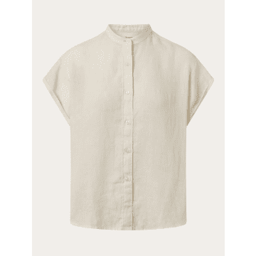 Knowledge Cotton Apparel 2090005 Collar Stand Short Sleeve Linen Shirt Buttercream In White
