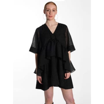Shop Ganni Black Crinkled Georgette Flounce Mini Dress