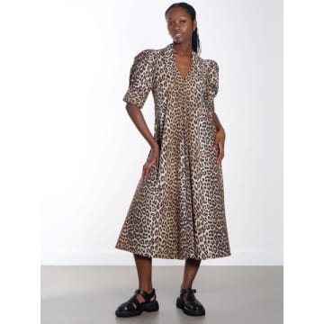 Ganni Leopard Cotton Poplin V-neck Maxi Dress In Animal Print