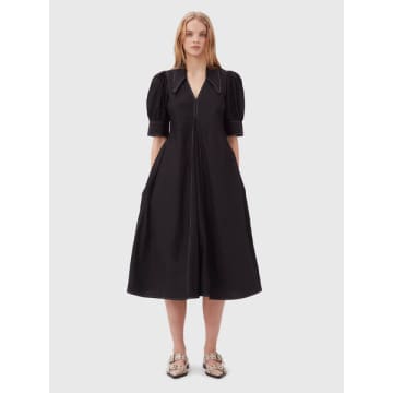 Shop Ganni Cotton Poplin V-neck Midi Dress In Black