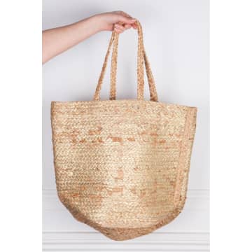 Hot Tomato Natural Jute Tote Floral Print With Metallic In Gold