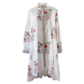 Powell Craft Block Printed Floral Bird Cotton Shirt Dress 'natalia' In Neutral