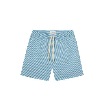 Shop Les Deux Denim Blue/ivory Swim Shorts