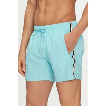 Hugo Boss Iconic Swim Shorts With Stripe Detail In Turquoise/aqua 50491594 442 In Blue