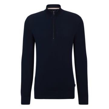 Shop Hugo Boss Ebrando Dark Blue Zip Neck Sweater In Micro Structured Cotton 50505997 404