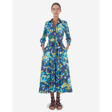 Sara Roka Davida Abstract Print Midi Dress With Belt Col: 501 Blue, Si