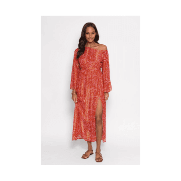 Sundress Cassandre Savannah Print Bardot Midi Dress Size: M/l, Col: Pi In Red
