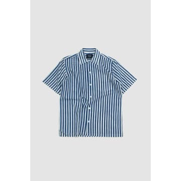 Drake's Ss Block Print Camp Collar Shirt Blue Stripe