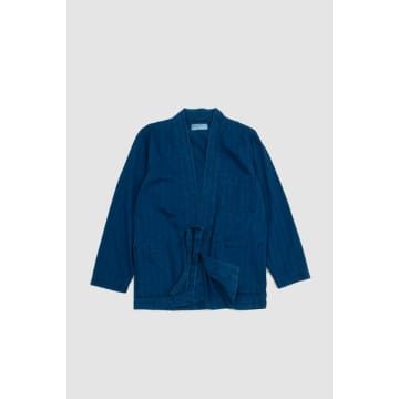 Universal Works Tie Front Jacket Washed Indigo Herringbone Denim In Blue