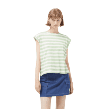 Compañía Fantástica Cap Sleeve T-shirt In Green & White Stripes From