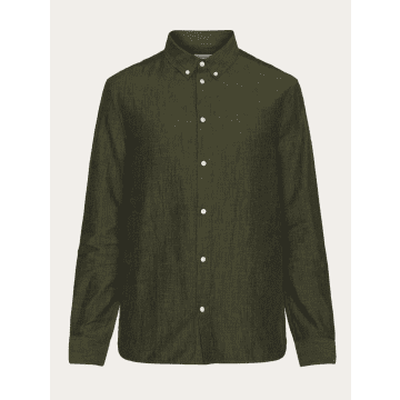 Knowledge Cotton Apparel 1090005 Custom Fit Linen Shirt Burned Olive In Green