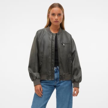 Vero Moda Faux Leather Bomber Jacket In Gray