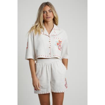 Native Youth Linen Blend Crop Shirt With Floral Embroidery In White