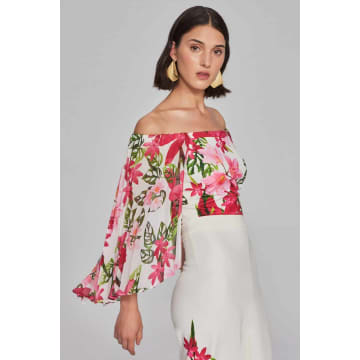 Joseph Ribkoff Floral Print Chiffon Off-the-shoulder Top In Pink