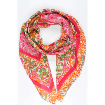 Miss Shorthair Ltd Miss Shorthair 3166pigr Cotton Scarf In A Mixed Floral Print With A Striped Edge In Pink In Red