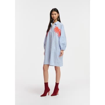 Essentiel Antwerp Frilled Mini Dress Blue And White With Embroidery