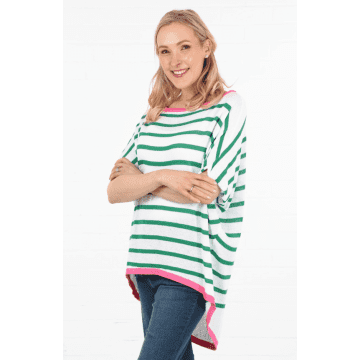 Msh Striped Short Sleeve Cotton Jumper With Contrasting Trim In White Green And Fuchsia